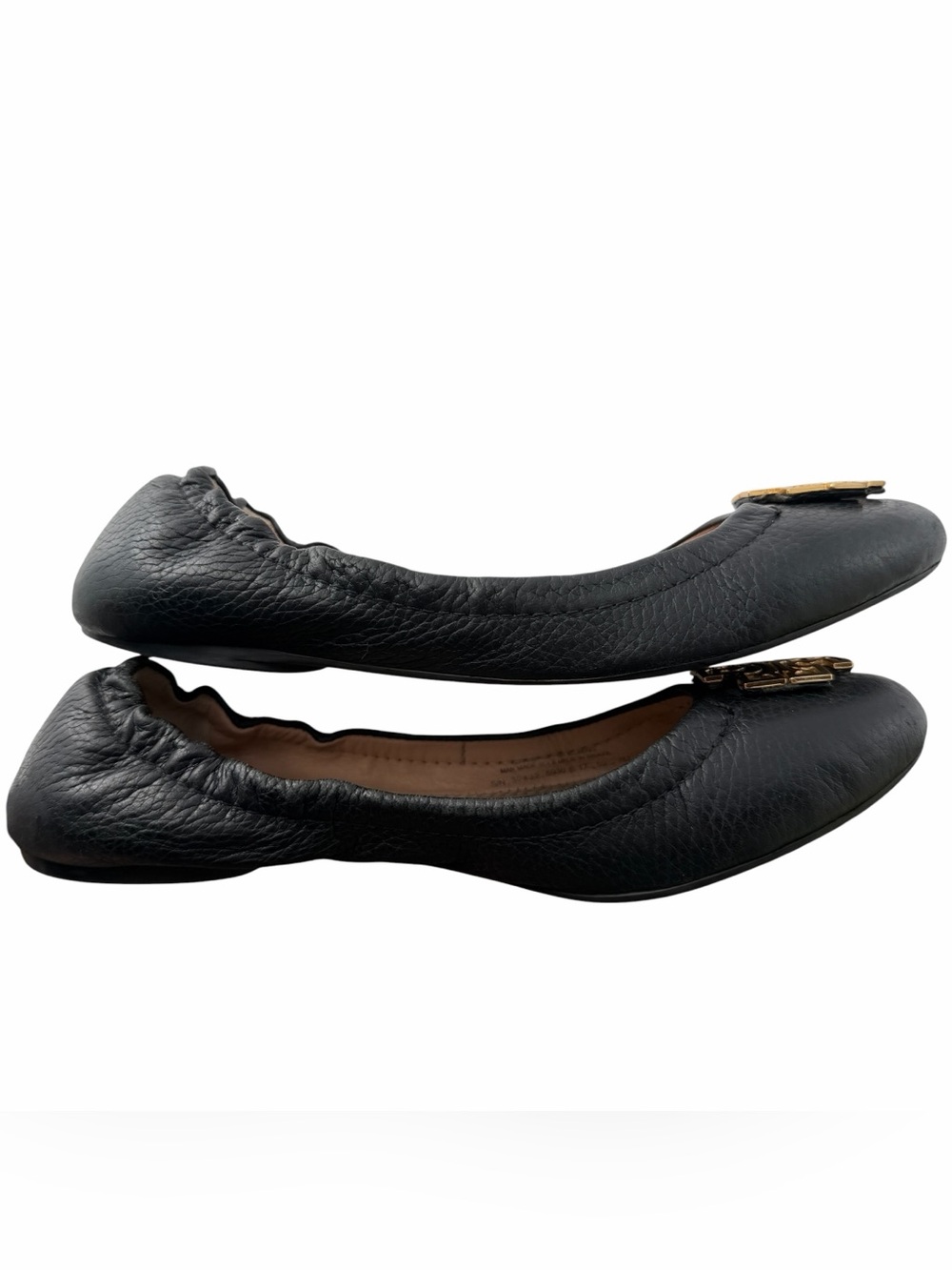 Tory Burch Black Leather Ballet Flats with Gold Logo Medallion Versatile Size 7 - Picture 5 of 10